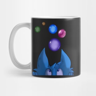 peekaboo cat with bubble planets in space - Blue cartoon funny cat playing peek a boo With colourful bubbles Mug